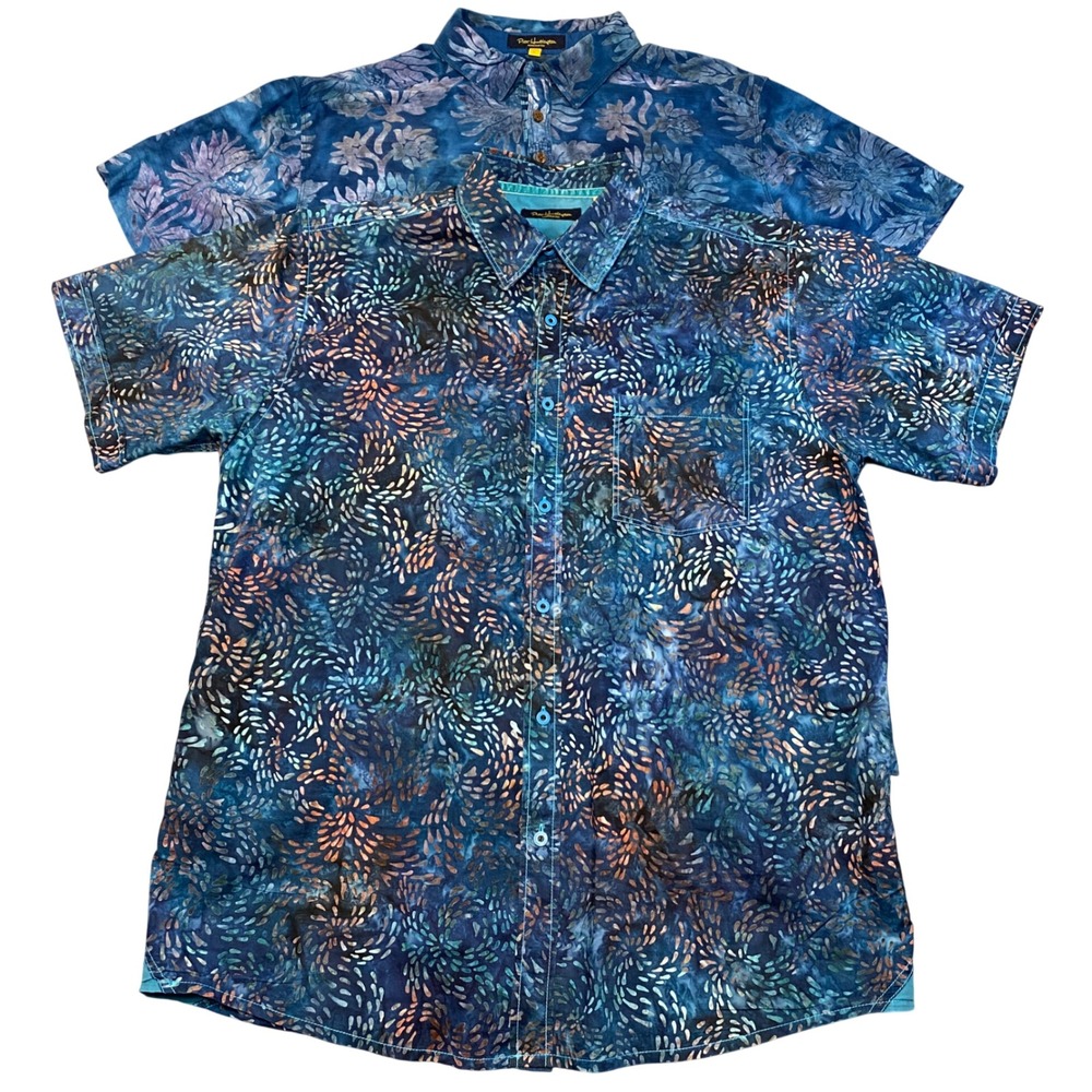 Pete Huntington Handcrafted Batik Shirt Mens Large Blue Abstract (Lot of 2)
